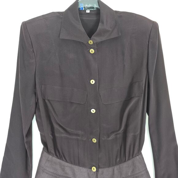 Vintage 1980's Claude Montana Blazer Blouse Brown Silk Raw Silk Button Front 8 - Picture 4 of 13